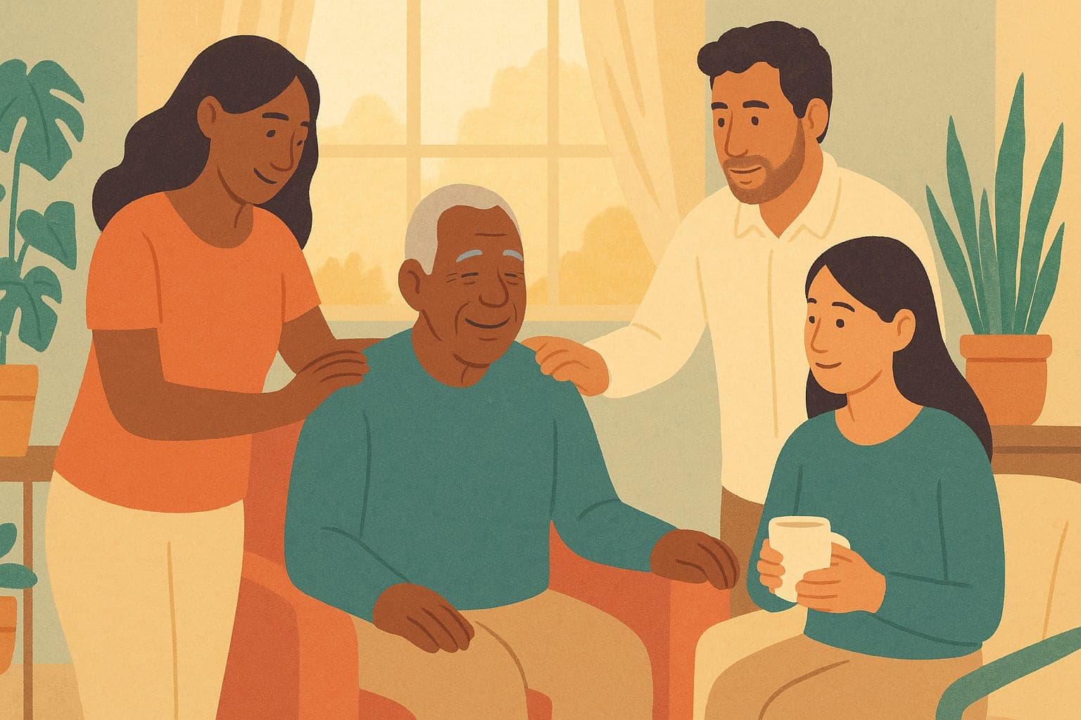 A family caring for an older parent together at home